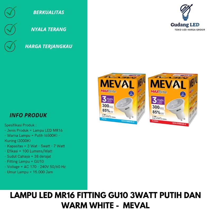 Lampu LED MR16 GU10 3WATT PUTIH WARMWHITE - MEVAL