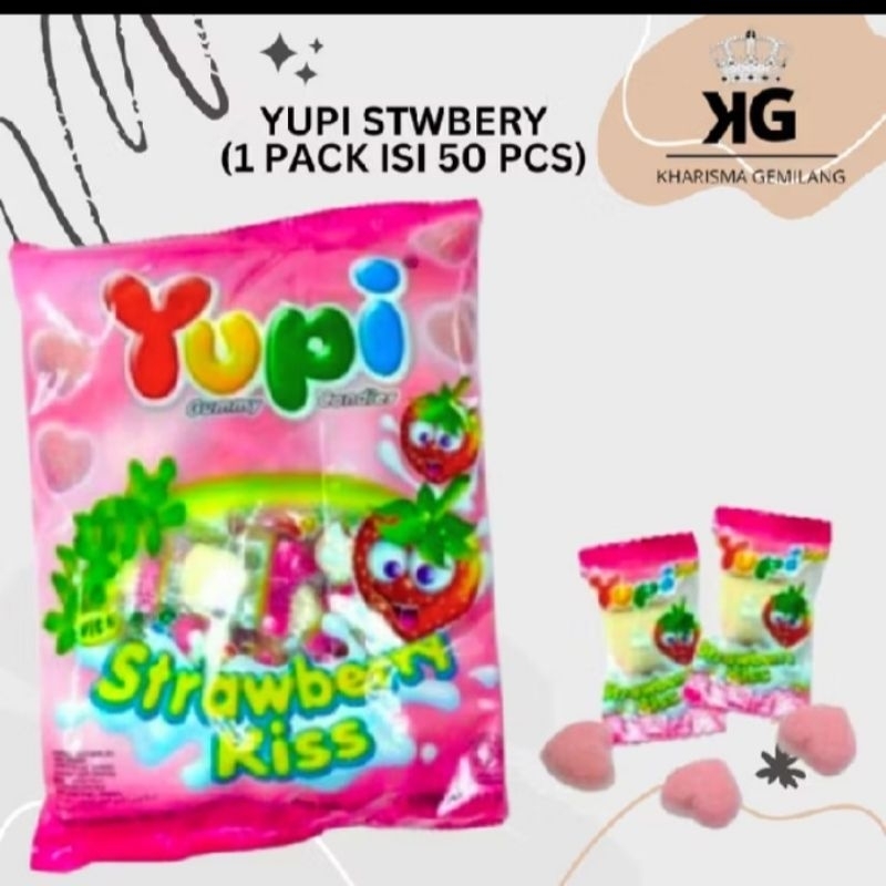 

Yupi STRAWBERRY KIISS 1 Isi 50 pcs permen manis Rasa strawberry Sak anak dewasa