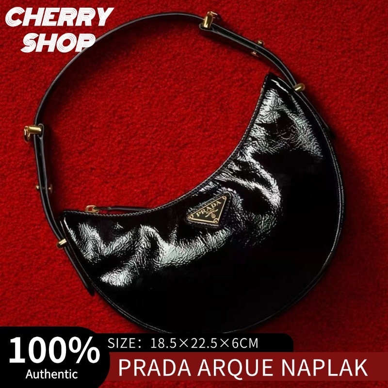 Prada Arqué Naplak Women's Handbag Patent Leather✨Tas Tangan Kulit Wanita