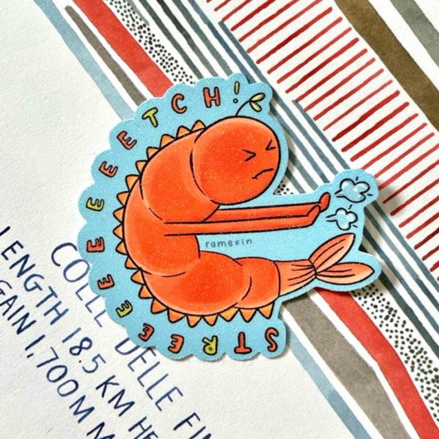 

Stretching Shrimp Dino Die Cut Sticker | Ramekin Studio