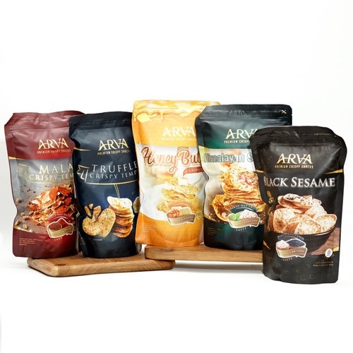 

Camilan / Makanan Ringan Arva Tempe Premium Crispy Snacks Non GMO 80 Gr Varian Mozzarella Cheese, Himalayan Salt Basil, Honey Butter, Mala, Tempe Sagoe Original