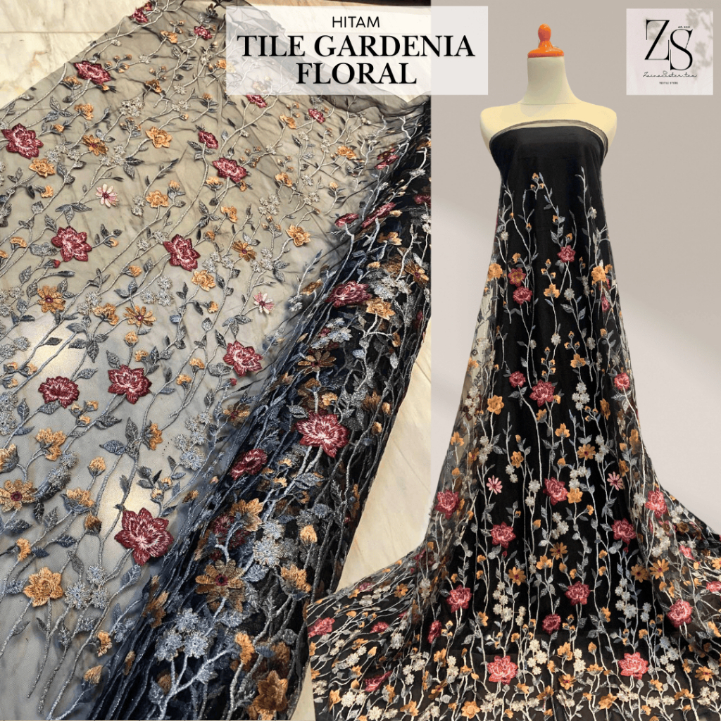 1/2 Meter Bahan Kain Brokat Tile Tule Garden Valentino 3D Motif Bunga | Tile Bordir | Warna Hitam