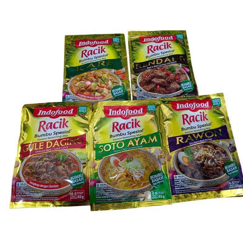 

Indofood bumbu racik special bumbu basah50grRendang Rawon 45gr Soto ayam Gule daging Kare