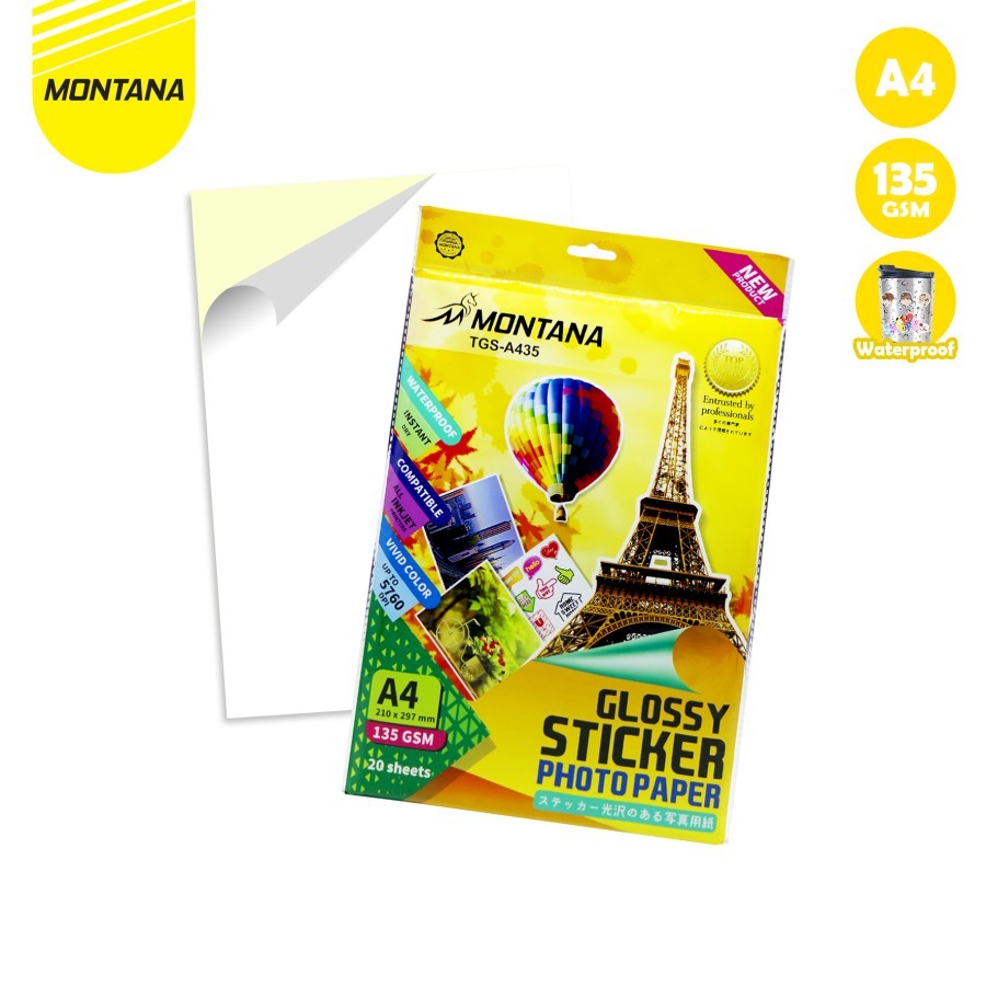 

[ PAK / 20 LBR ] MONTANA KERTAS FOTO GLOSSY STICKER A4 135 GSM