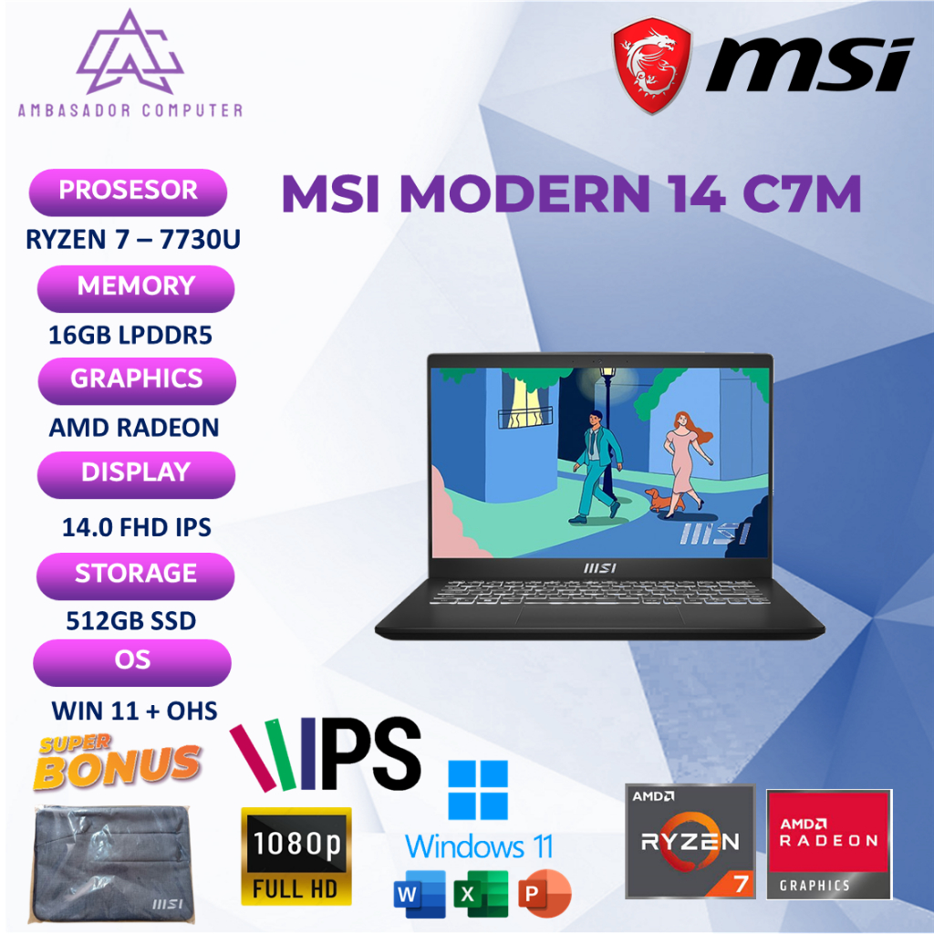 Msi Modern 14 C7M Ryzen 7 7730U 16GB 512GB Full HD IPS Windows11 OHS
