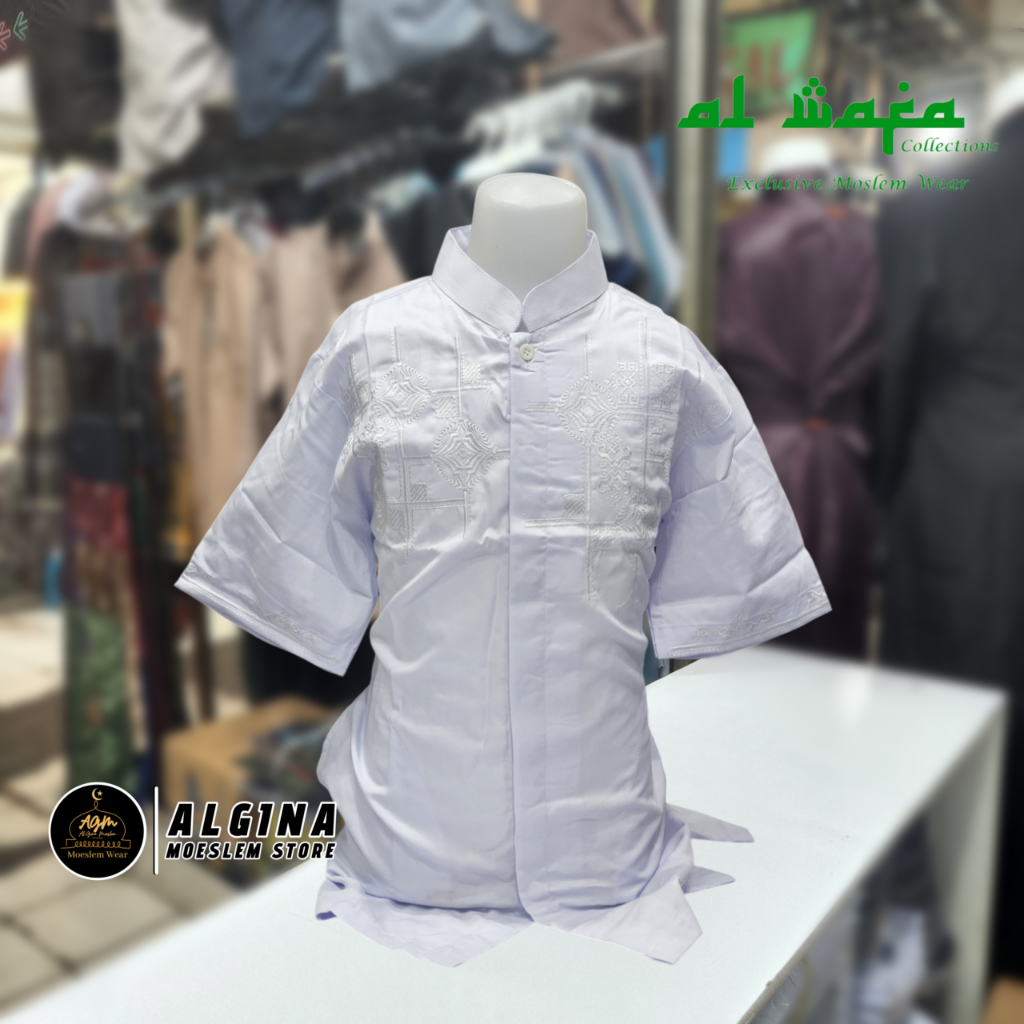 Koko Al Wafa Putih Bordir (13-15) Remaja Lengan Pendek | Baju Muslim Remaja / Tanggung Putih Lengan 