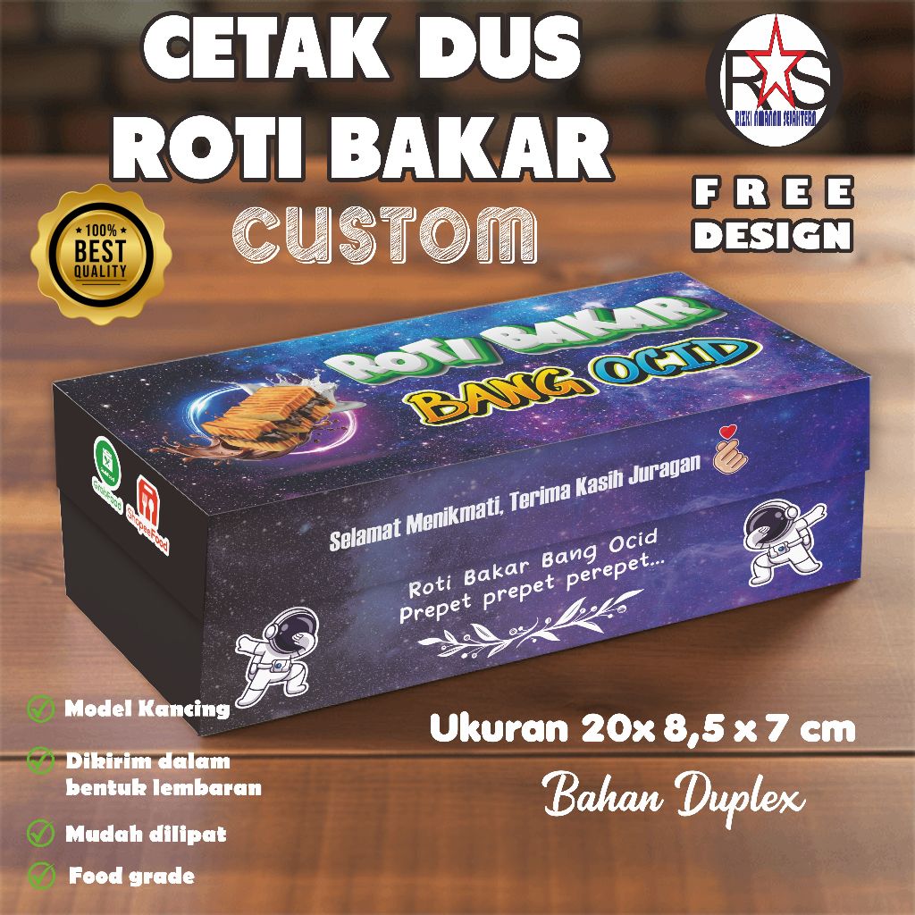 

Cetak Dus Roti Bakar Custom Bahan Duplex 310 gsm (desain suka suka) pre order 10 hari