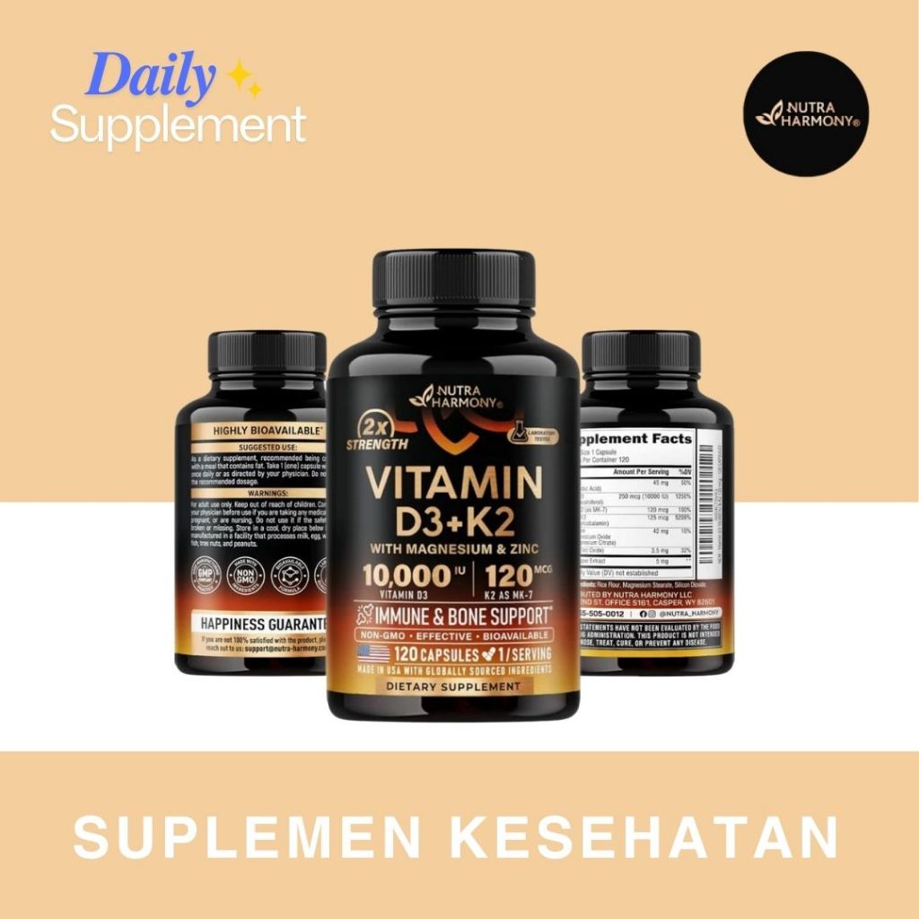 Nutraharmony Vitamin D3+K2 with Magnesium & Zinc - 120 Capsules, Non-GMO
