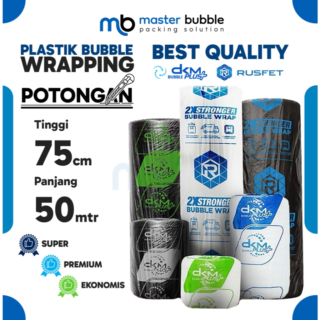 

Bubble Wrap DKM RUSFET Roll Potongan 75cm x 50meter Putih Bening & Hitam / Plastik packing Olshop