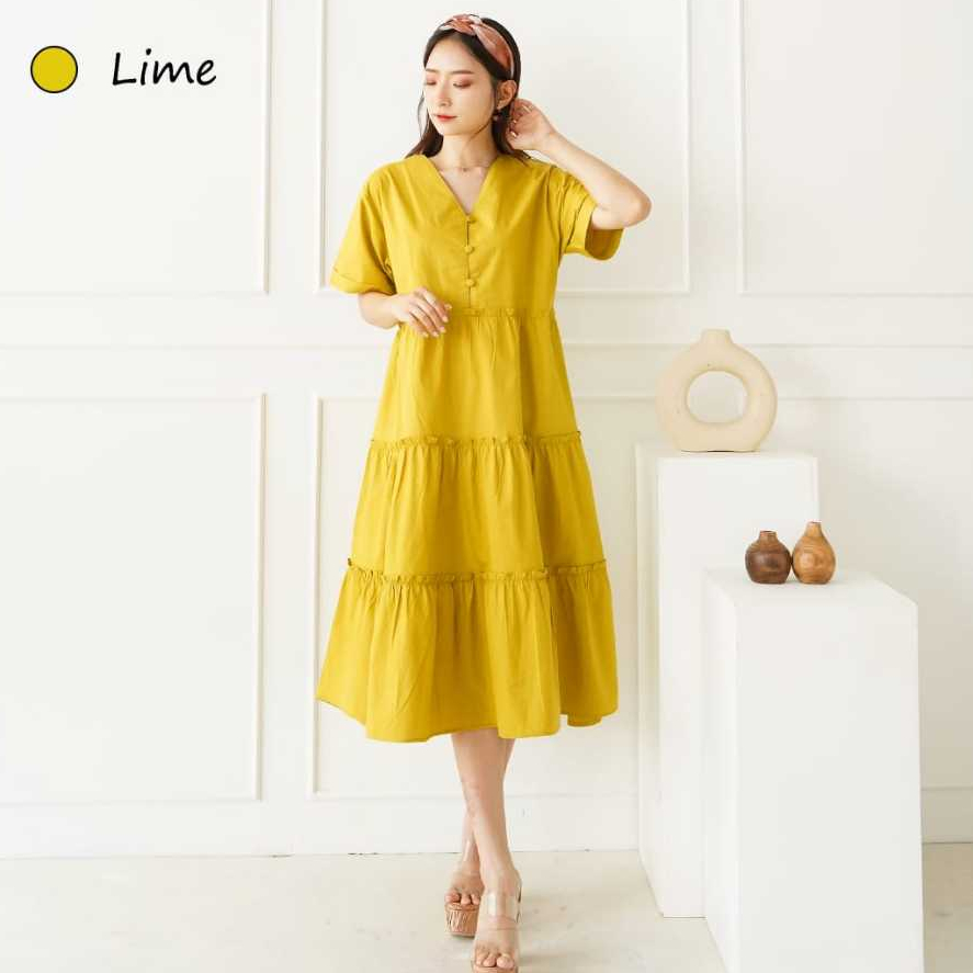 Dress Midi kancing katun Linen Import tidak nerawang- CK1671