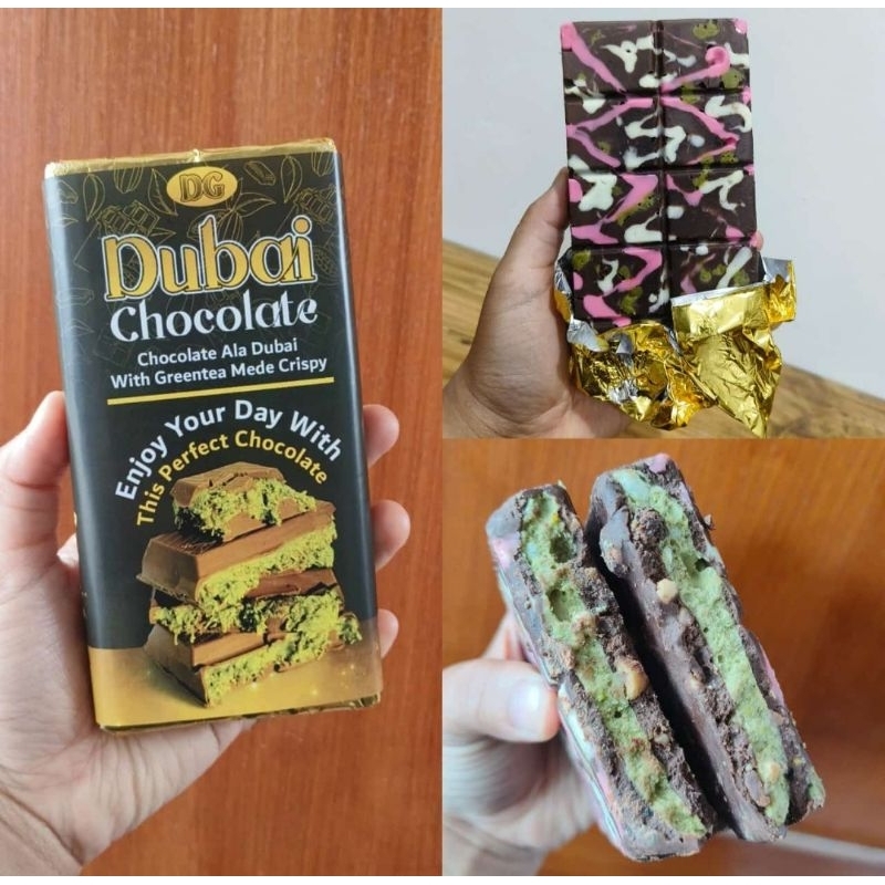 

Coklat Dubai rasa greentea dengan kacang mede & rice crispy ukuran 250gr