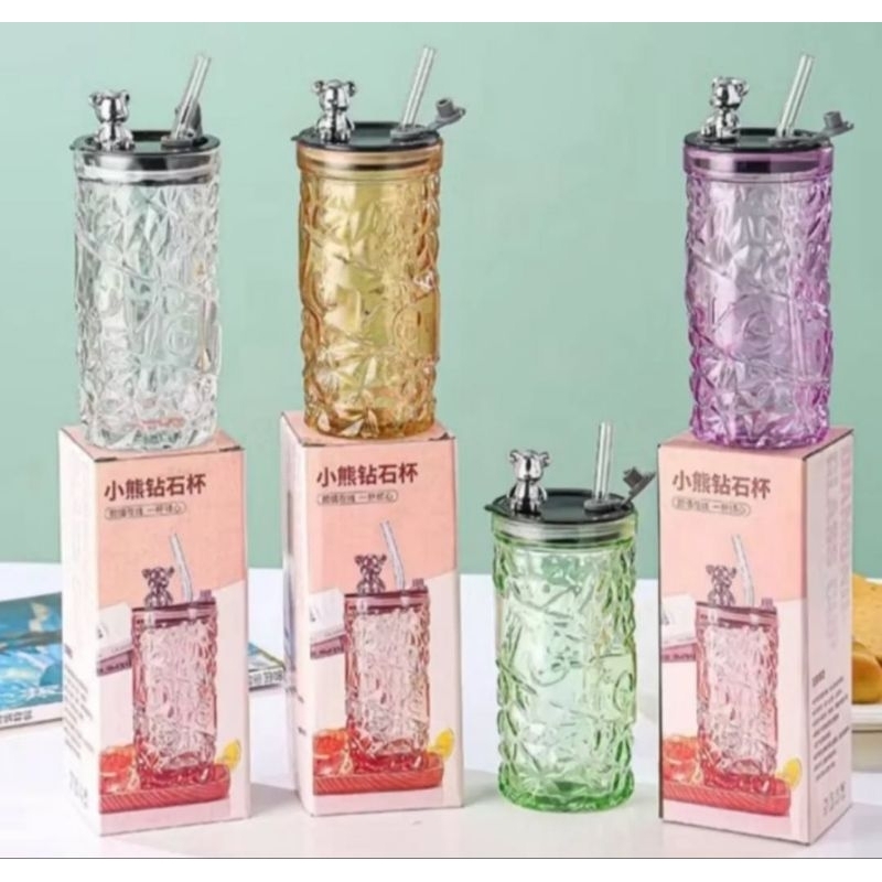 botol beruang kristal kaca include sedotan dan box