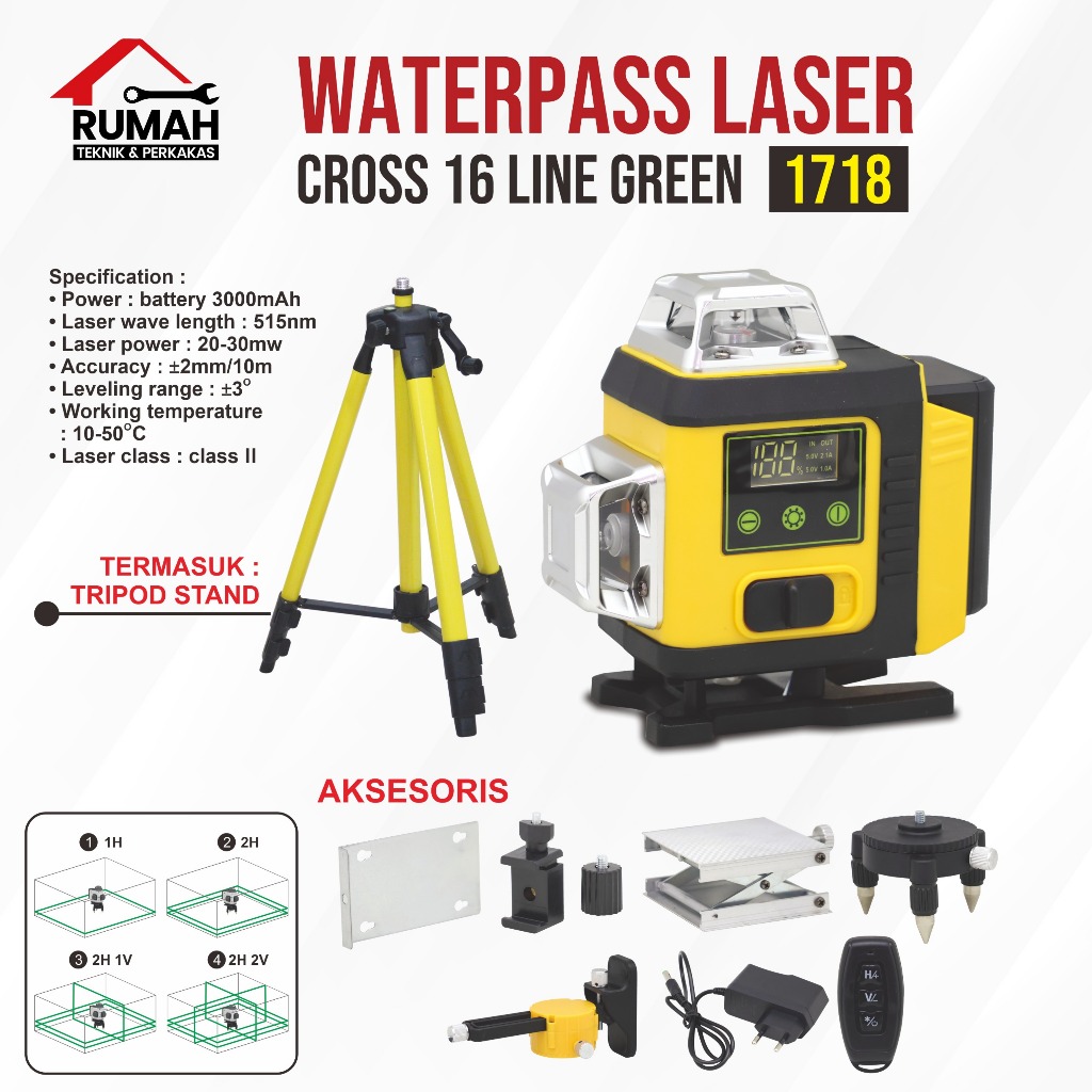 WATERPASS LASER 16 LINE HIJAU + STAND TRIPOD / Waterpas garis laser baterai
