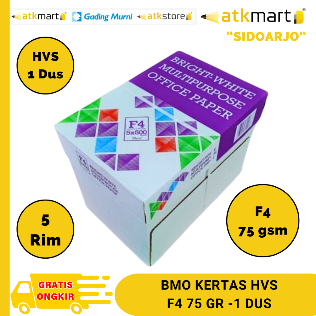 

BMO Kertas Print Fotocopy HVS F4/ FOLIO 75 Gsm 5 rim - 1 Dus