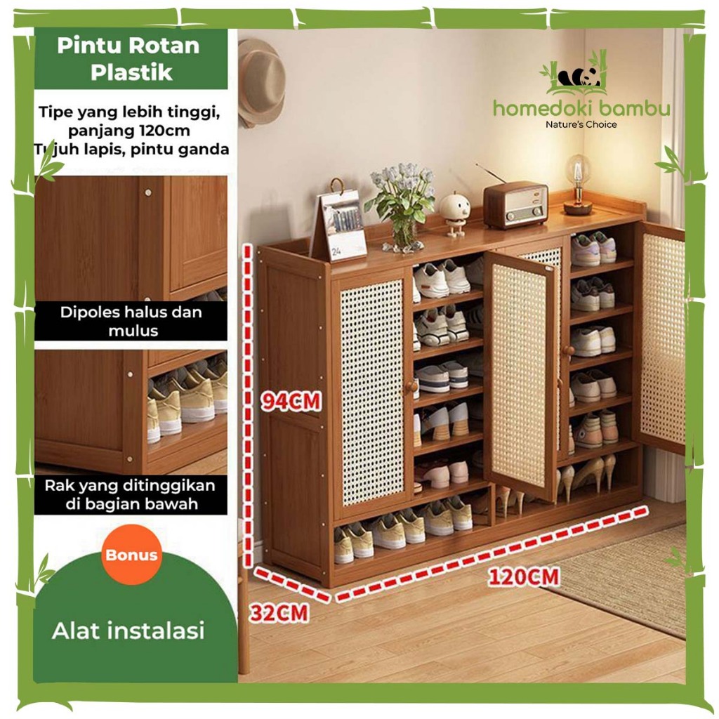 Homedoki Bambu - Lemari Sepatu Tertutup Rotan Minimalis/Lemari Sepatu Rotan Kayu Minimalis/Jaring be