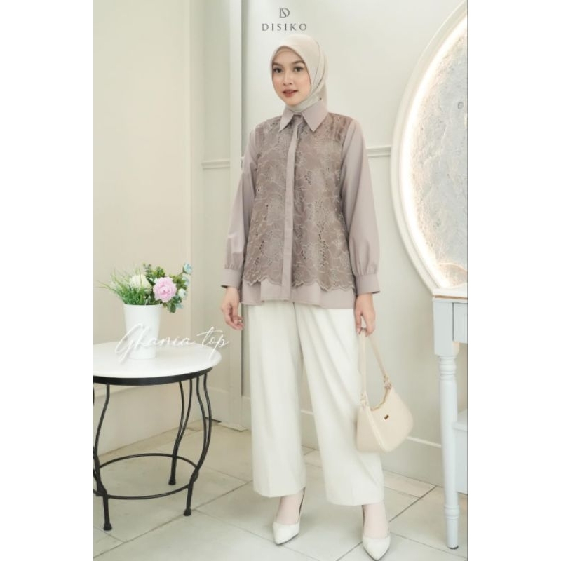 Ghania top ORI by disiko exclusive kemeja blouse wanita muslim bahan Fodu tencel mix katun bordir Uk