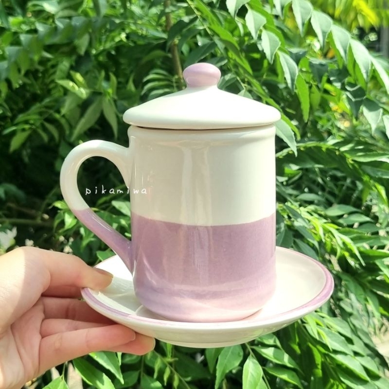 MUG SAFIRA + TUTUP + PIRING TATAK KERAMIK mug tutup mug lucu mug cantik mug minum hadiah lucu hadiah
