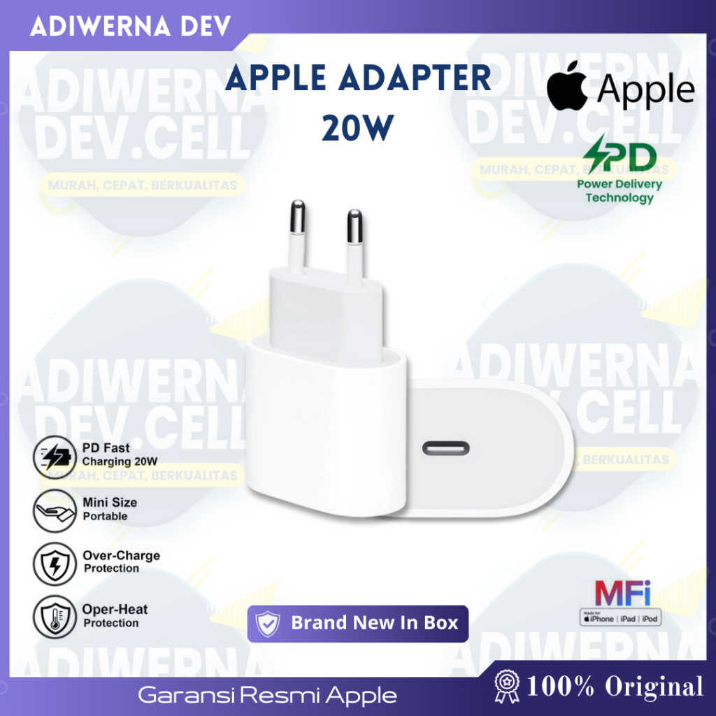 APPLE Kepala Charger iPhone Lightning MFI PD Type C Fast Charging 20W