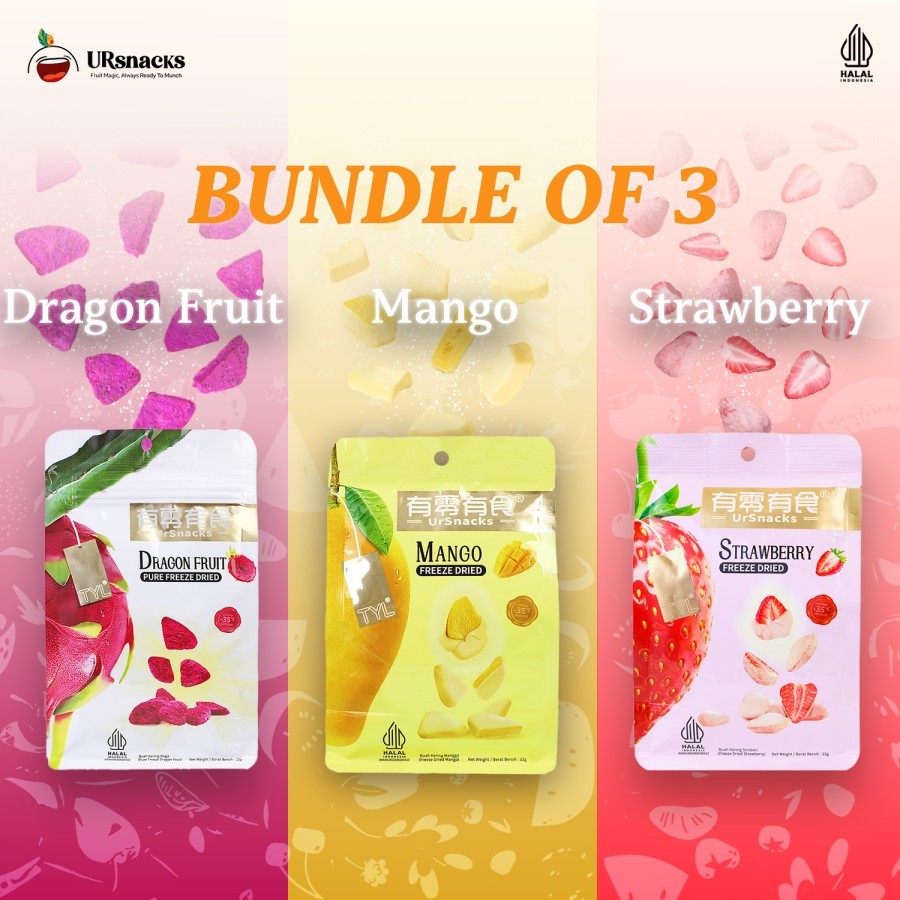

URSNACKS Bundle Of 3 - Freeze Dried Keripik Buah Asli Rasa Strawberry + Mangga + DragonFruit - Halal BPOM Ready To Eat