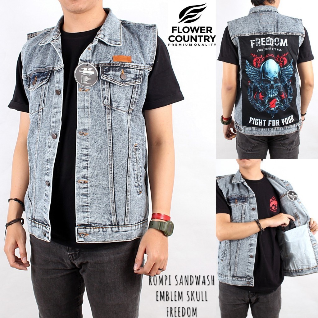 Rompi Jeans Hoodie Pria Rompi Denim Hoodie Cowok Motif Skull