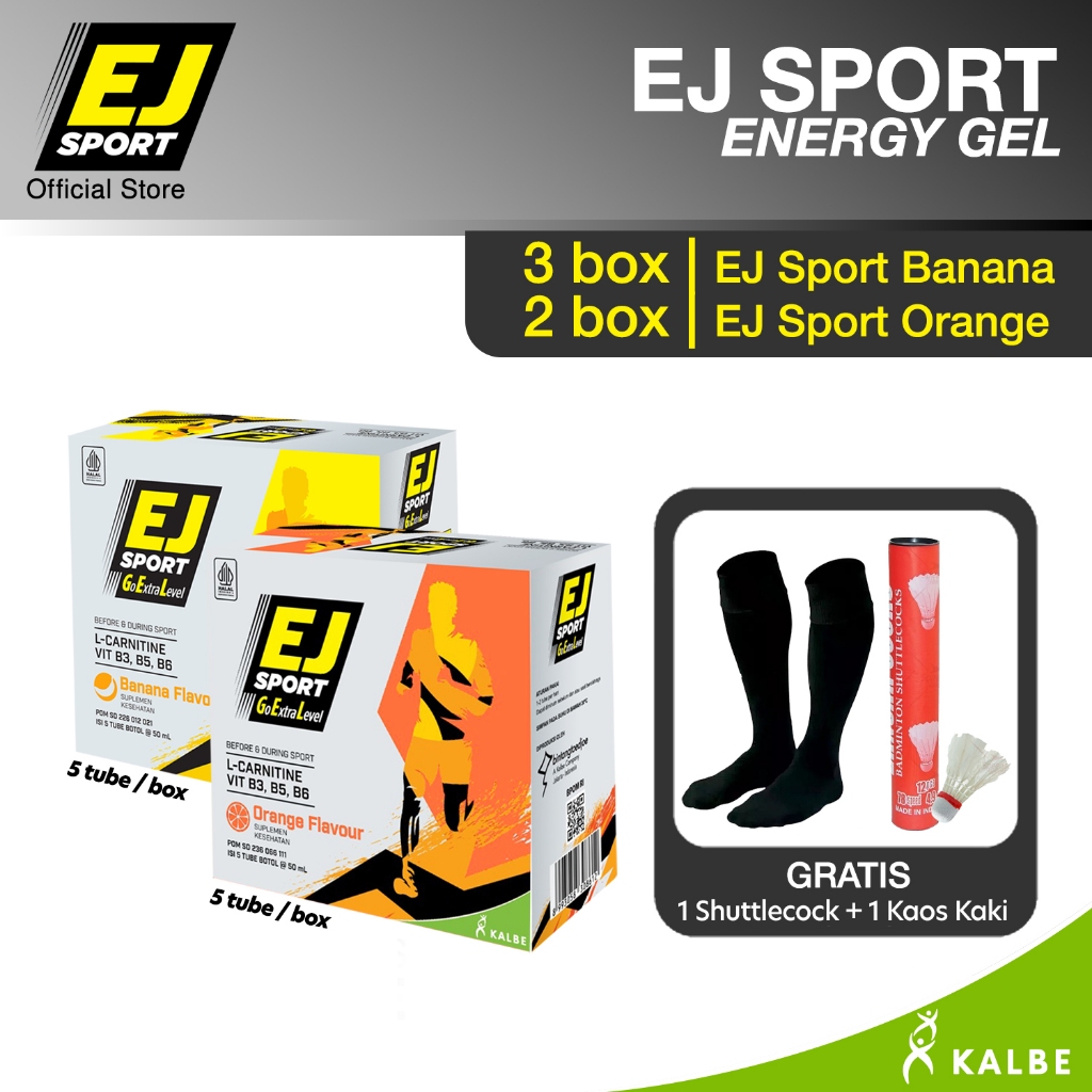 

EJ Sport Banana Energy Gel - 3 Pack + EJ Sport Orange - 2 Pack + Free Shuttlecock & Kaos Kaki