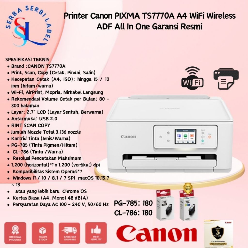 Canon PIXMA TS7770A Printer All-in-One WiFi Wireless