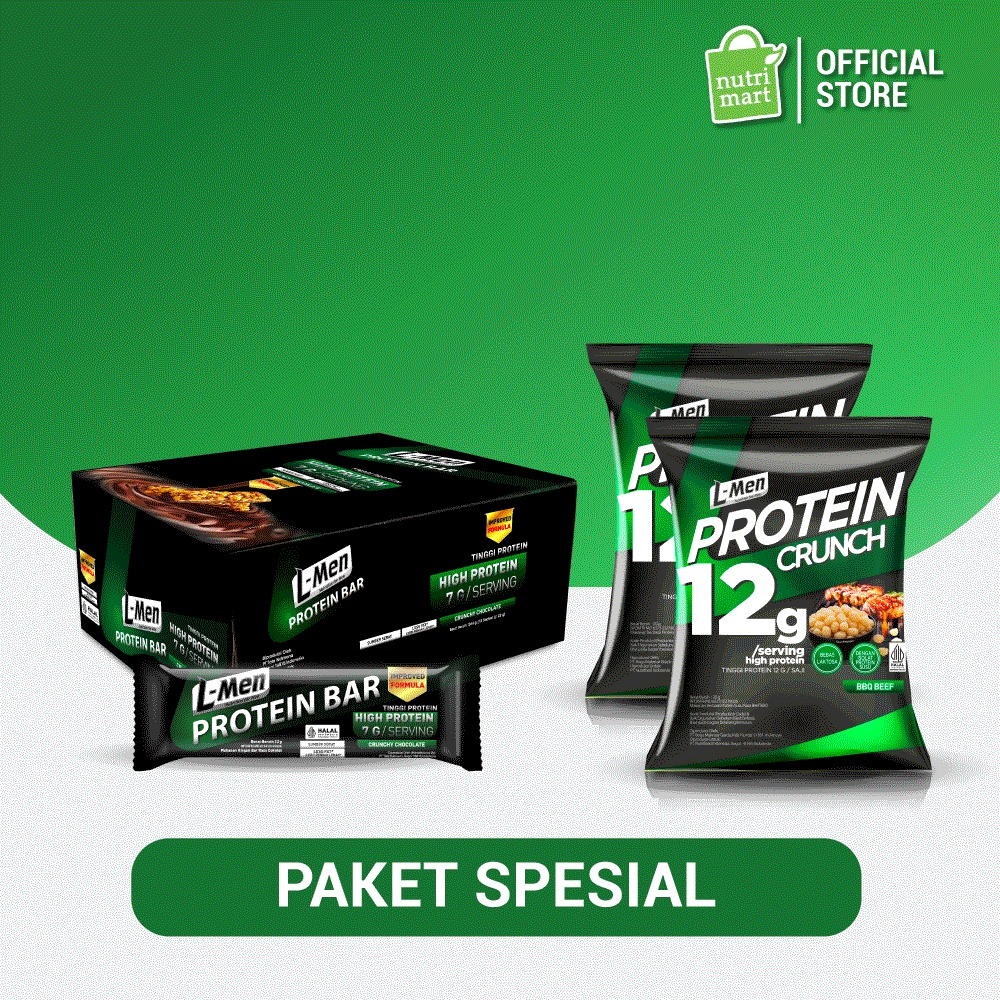 PAKET SNACK FITNESS - L-Men Protein Bar Chocolate (12 Sachet) + L-Men Protein Crunch BBQ Beef (2 pcs