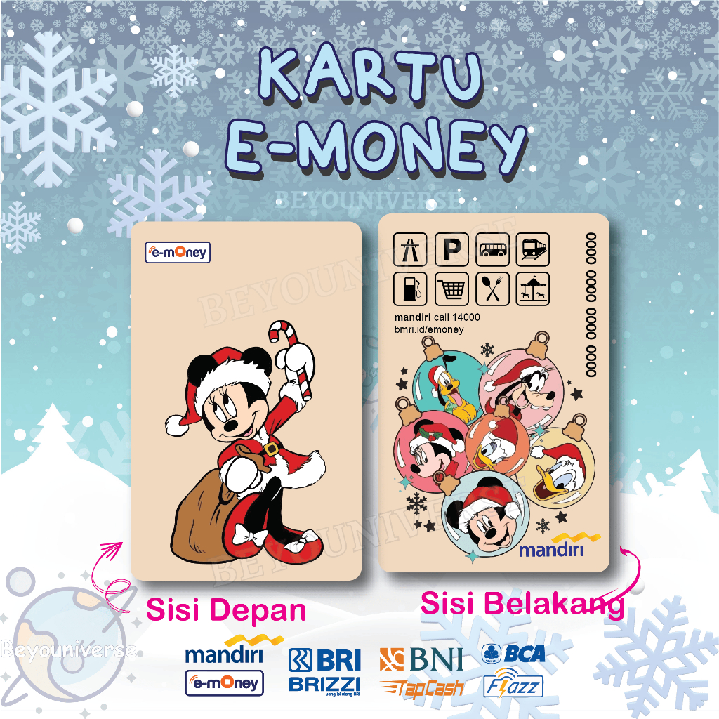 Emoney Mickey Mouse Edisi Natal Cute Flazz gen 2 Mandiri BNI BRI BCA E-toll Christmas Kado Custom