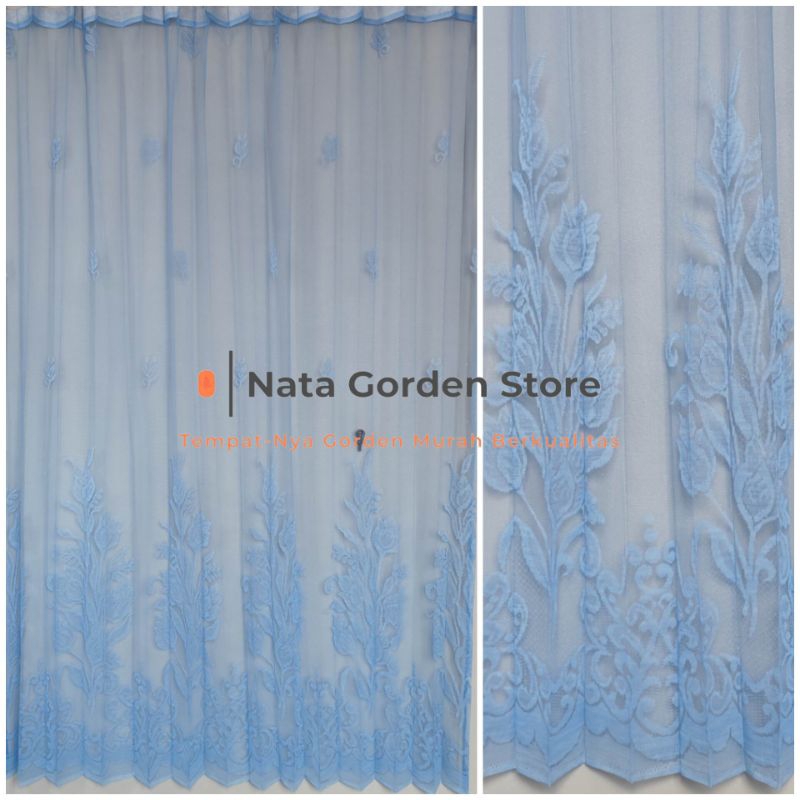 Gorden vitrase hordeng minimalis motip bunga tulip polos warna biru
