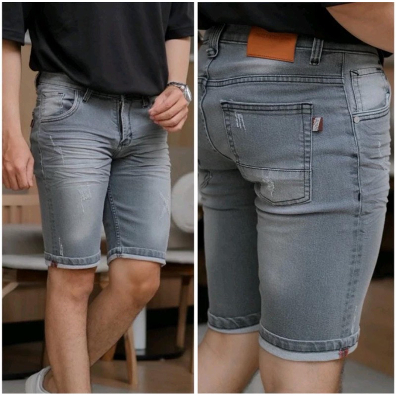 Celana Jeans Pendek Cmjee Denim Streatch Sobek Pria