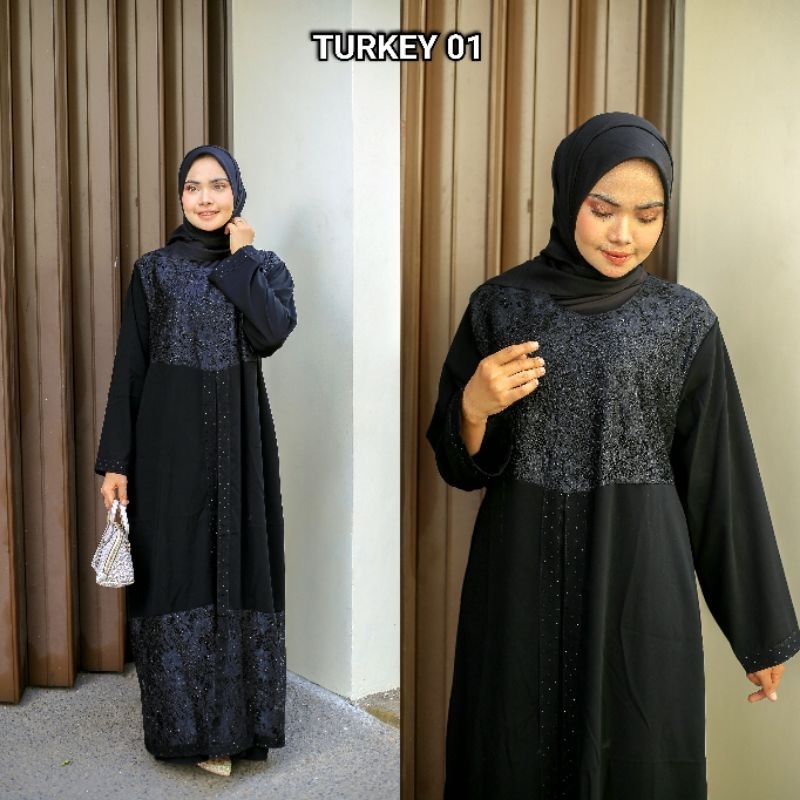 PGA Abaya Gamis Hitam Maxy Dress Turkey 01 Jetblack Umroh Haji Brokat Mewah