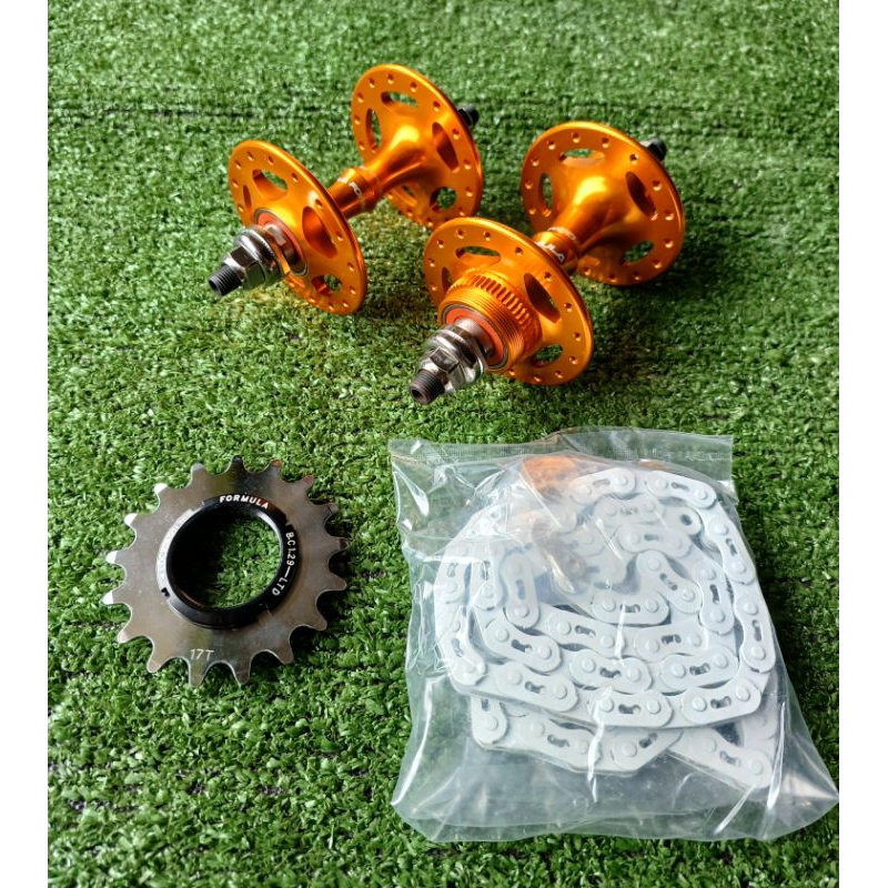 Paket Hub Freehub Formula 32H Sealed Bearing Cog Lockring + Rantai Declo Single Speed Fixie BMX GOLD