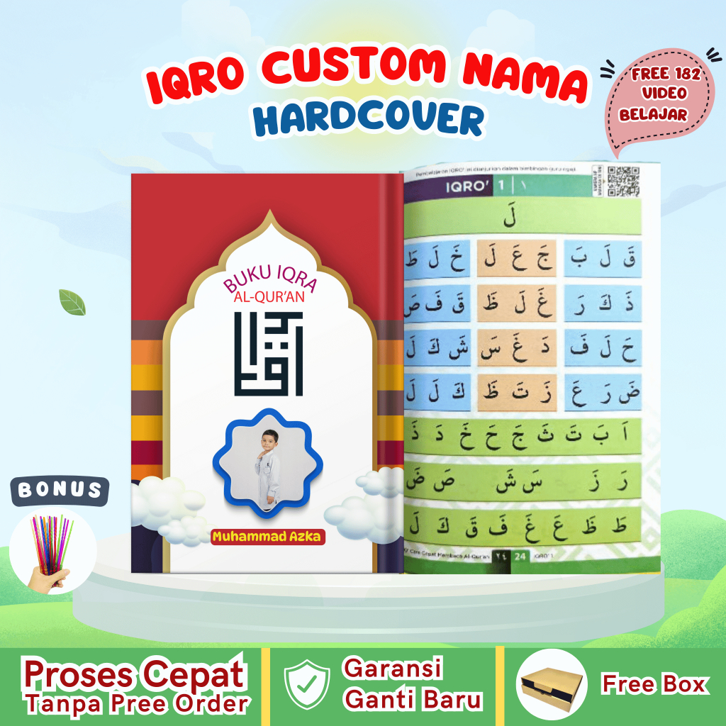 Iqro Custom Nama Anak Berwarna Custom Hard Cover | Iqro Anak Gratis Tulis Nama dan Foto Hard Cover
