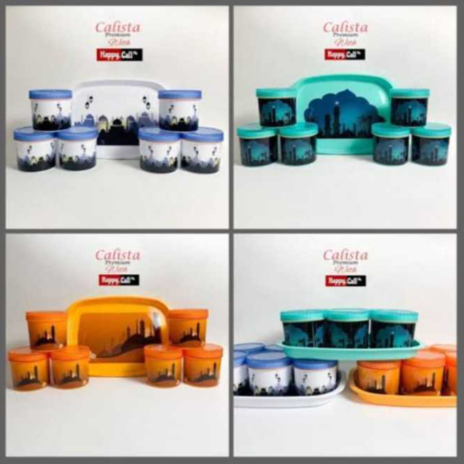 Toples + Nampan Calista Tonam Set 6 Motif Masjid & Bunga / Toples Kue Lebaran 6 Set Dengan Nampan