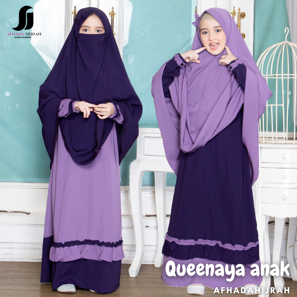 Afhadahijrah - Gamis set cadar anak Queenaya RVN abu softgreen terbaru murah