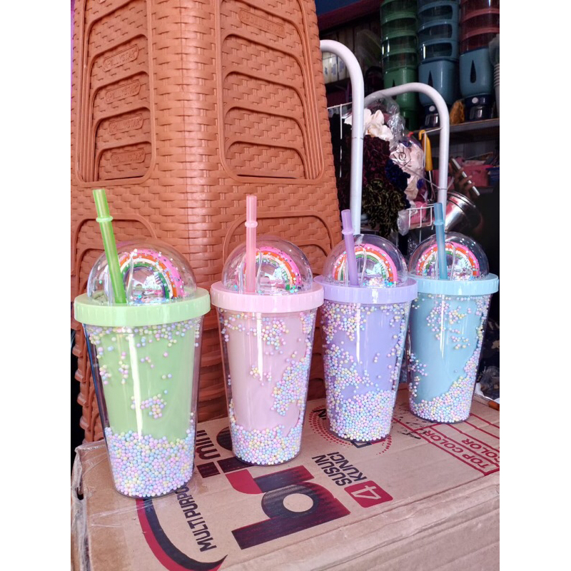 Botol Minum Tumbler Glitter Rainbow Pelangi Foam 550ML Gelas Unik Dan Lucu