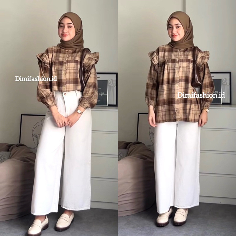 OOTD ALEEYA /paket ootd (kemeja ruffle+hijab square+kulot jeans)