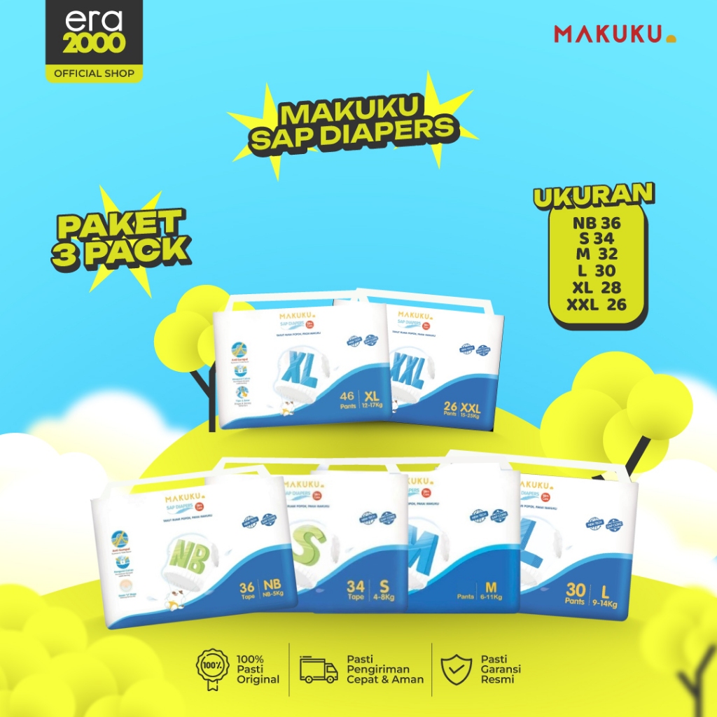 Era 2000 [3 PACK] MAKUKU SAP Diapers Slim Care M32/L30/XL28/XXL26 Popok Bayi Popok Tipis