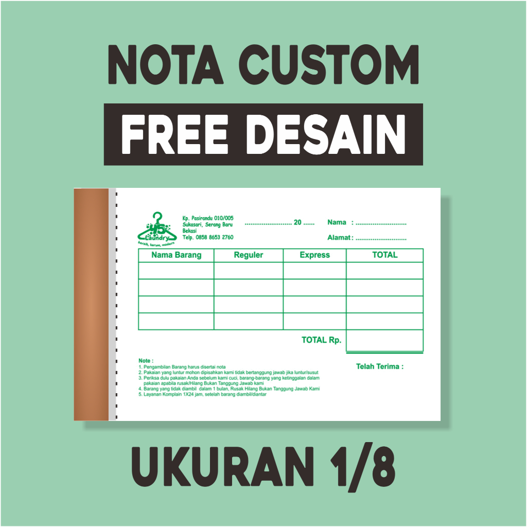 

Cetak nota Custom nama toko sendiri ukuran 11,5 x 7,5 CM 1/8 polio 2 ply
