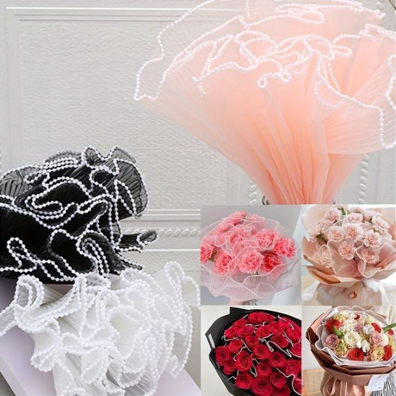 

Korean Lace Mesh Ruffle Mermaid PEARL Tile Flower Wrapping Curly Wave Pleated Florist Buket