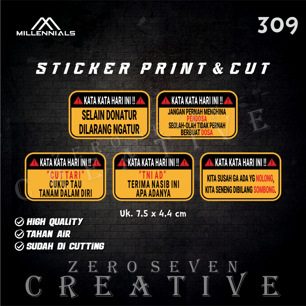 

STIKER KATA KATA HARI INI / STIKER QUOTES / STIKER LUCU / WARNING / STIKER MOTOR / LAPTOP / TUMBLER / AESTHETIC / VYNIL / ANTI AIR / PRINT & CUT