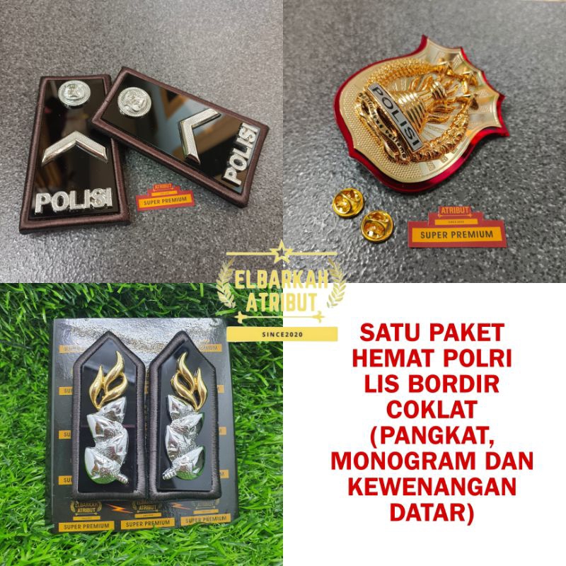 Satu Paket Hemat Polri Bintara Perwira Lis bordir coklat Isi 3 (Pangkat, Monogram dan Kewenangan) Go