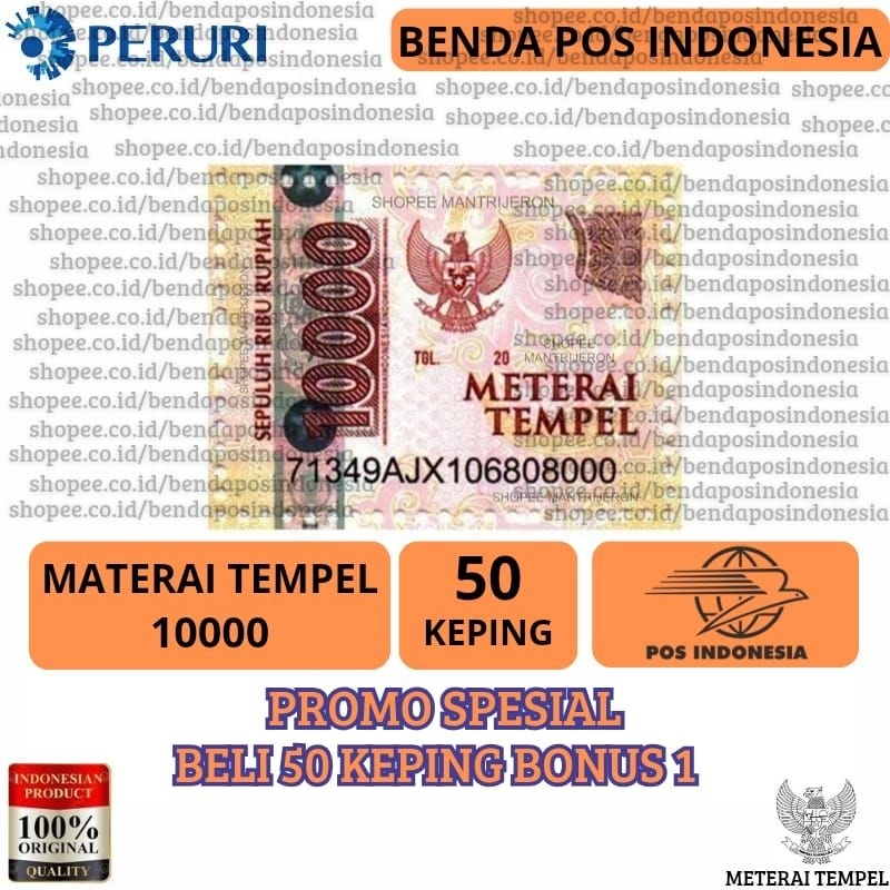 MATERAI 10000 - MATERAI 50 KEPING/ECER - MATERAI ASLI POS INDONESIA LOLOS UJI SINAR UV ULTRAVIOLET (