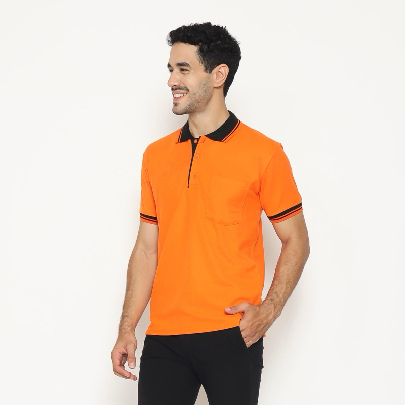 KAOS POLO SHIRT - LENGAN PENDEK - ORANGE - KERAH HITAM - SAKU