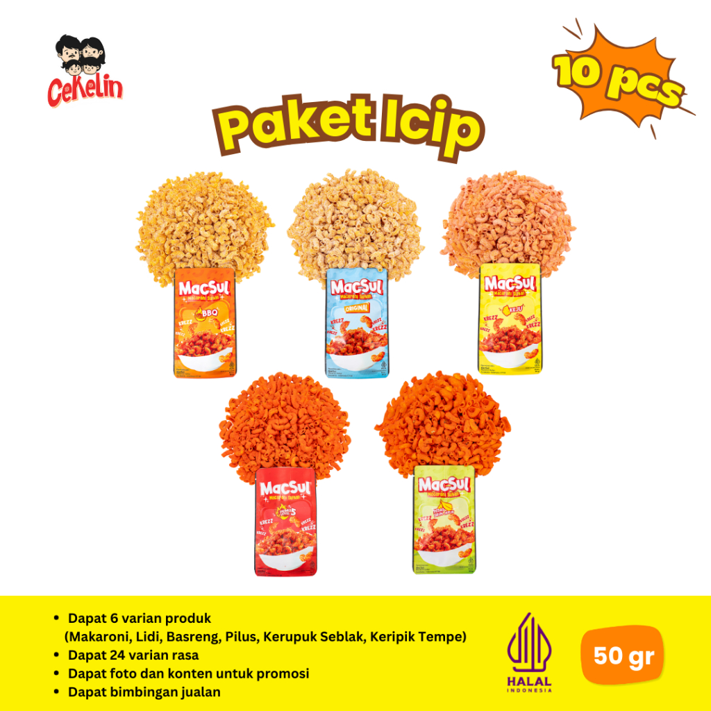

CEKELIN Cemilan Paket Icip 10pcs - Isi Makaroni 5 Varian Rasa