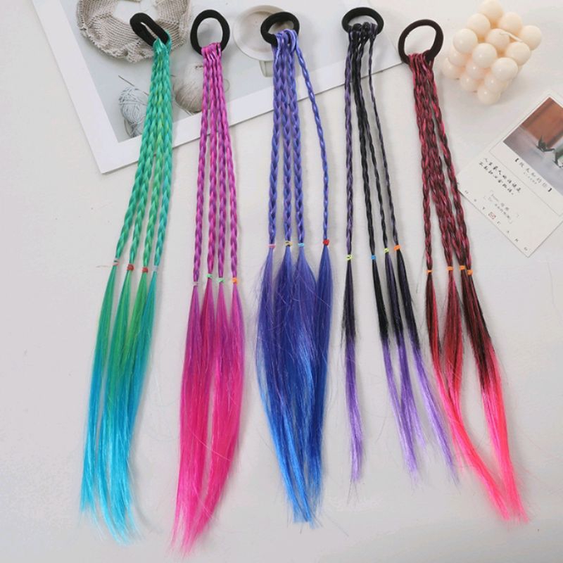 Wig Rambut Palsu Motif Kepang / Hair Extension Warna Warni / Rambut Palsu Kuncir Kuda / Wig Rambut F