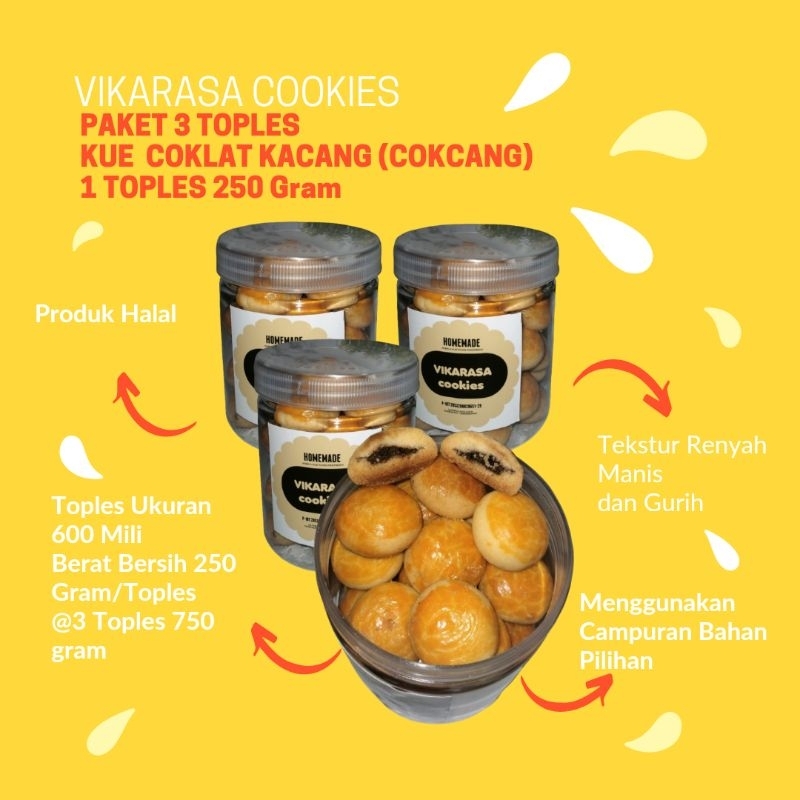 

PAKET 3 TOPLES KUE COKLAT CRUNCHY 250gram/Toples Vikarasa Cookies Chocolate