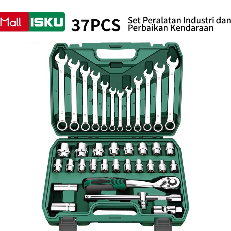 Bisa COD ISKU Tool kit Set alat Kunci Sok set 37pcs/kunci pas Set 12pcs 8-19mm 1/2 kunci Mata Sok le