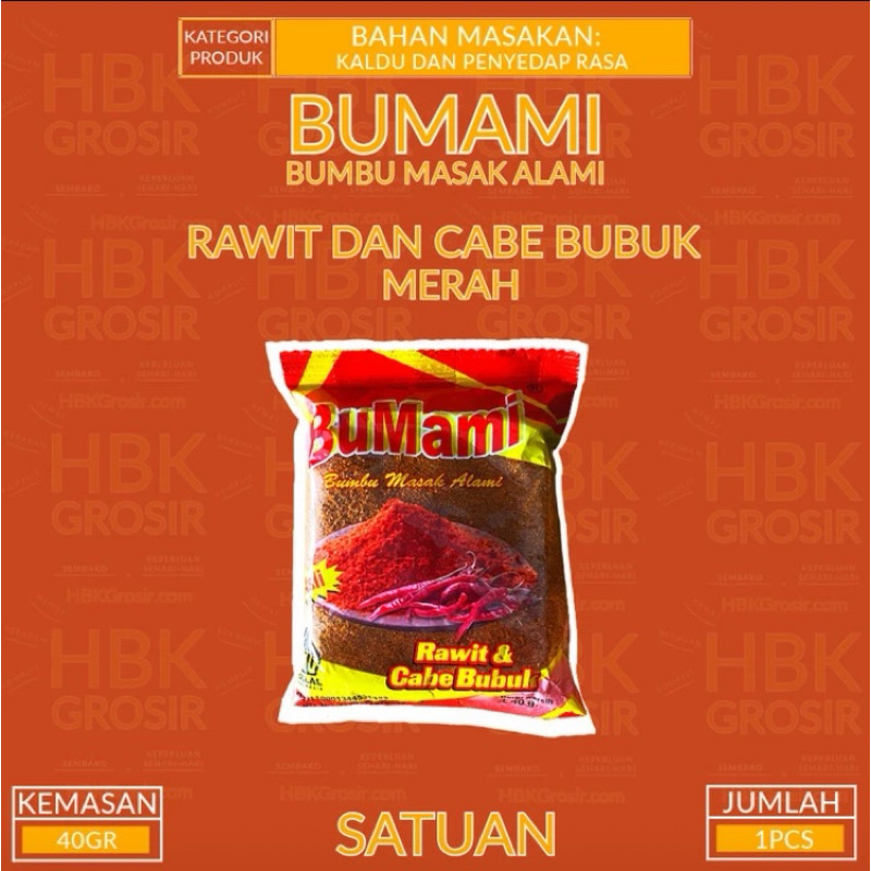 

Bumami Rawit Dan Cabe Tabur Bubuk Merah 40GR [HBK GROSIR - Hemat Beragam Komplit]