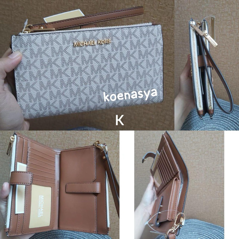 dompet wanita original mk michaelkors jet set travel large wallet double zip wrislet pouch sign vani